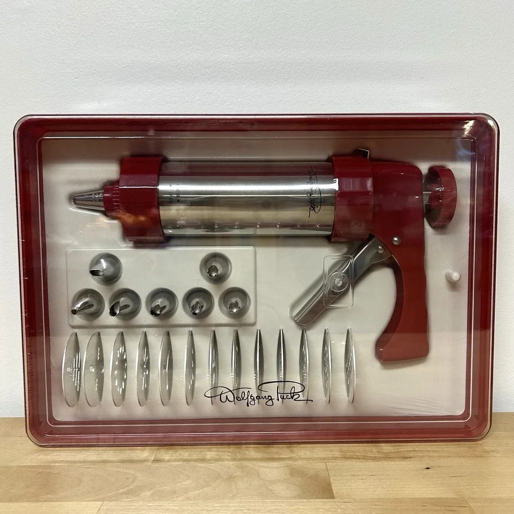 Wolfgang Puck Cookie Press Set Discs Tips Red Storage Box Holiday Baking Kit NEW